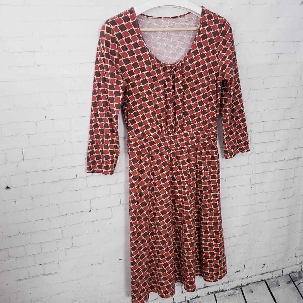 Garnet Hill Cotton Rust Brown Geometric Scoop Neck Dress 3/4 Sleeve Small Fall - Picture 2 of 7